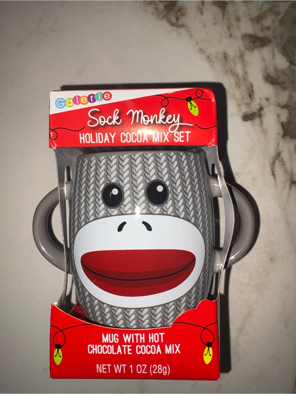 Eclectic Sock Monkey Holiday Cocoa Mix Set - Gray Mug with Hot Chocolate